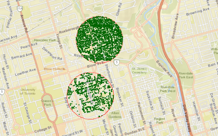 Map comparing urban canopy cover